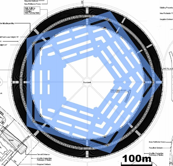 Size of the Apple Campus 2 compared with the size of the Pentagon