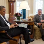 President Barack Obama receives the Presidential Daily Briefing on an iPad
