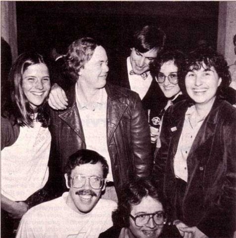 Rony Sebok, Burrell Smith, Steve Jobs, Joanna Hoffman and Hasmig Seropian; kneeling is Bill Atkinson and Andy Hertzfeld